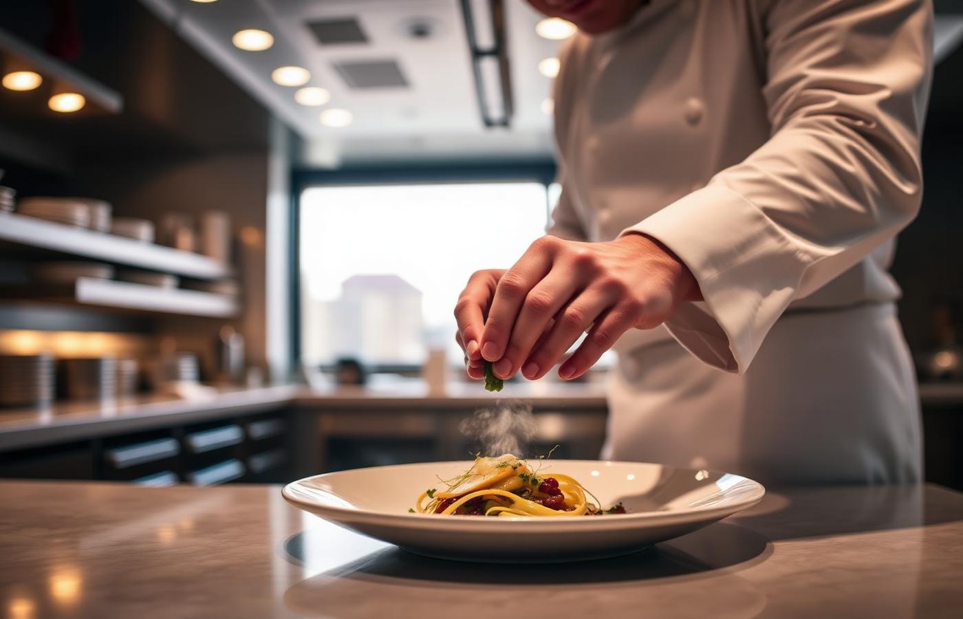Cocinero emplatando en la cocina de un restaurante