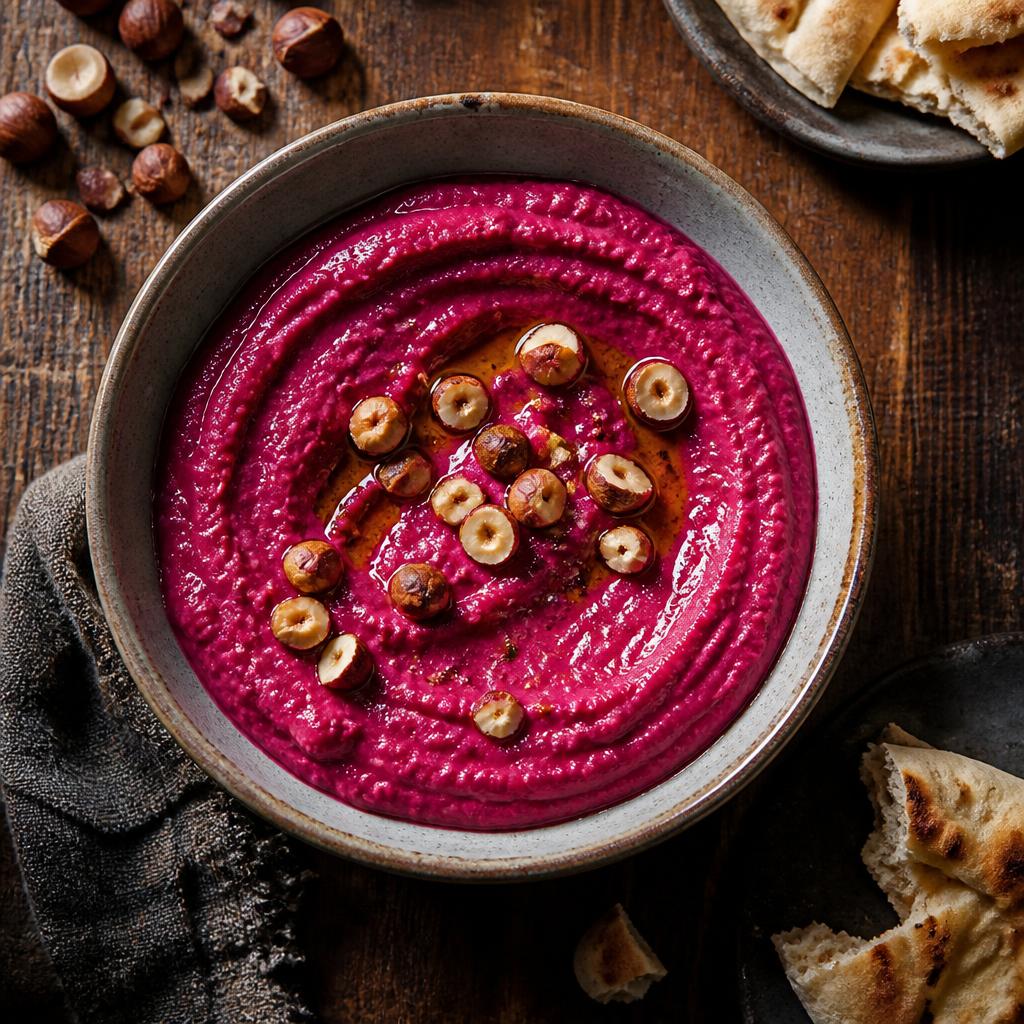 Hummus de remolacha con avellanas y aceite de oliva