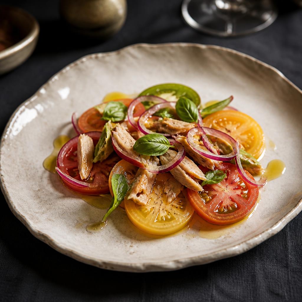 Ensalada de tomates de temporada con ventresca y albahaca