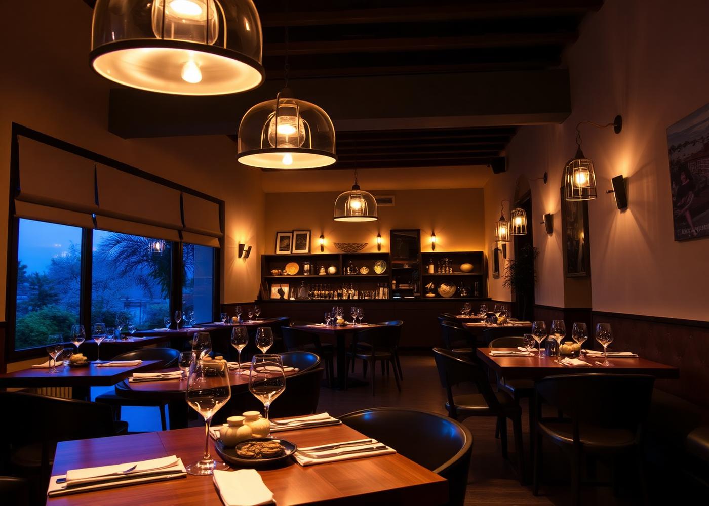Interior de un restaurante contemporáneo con luz cálida