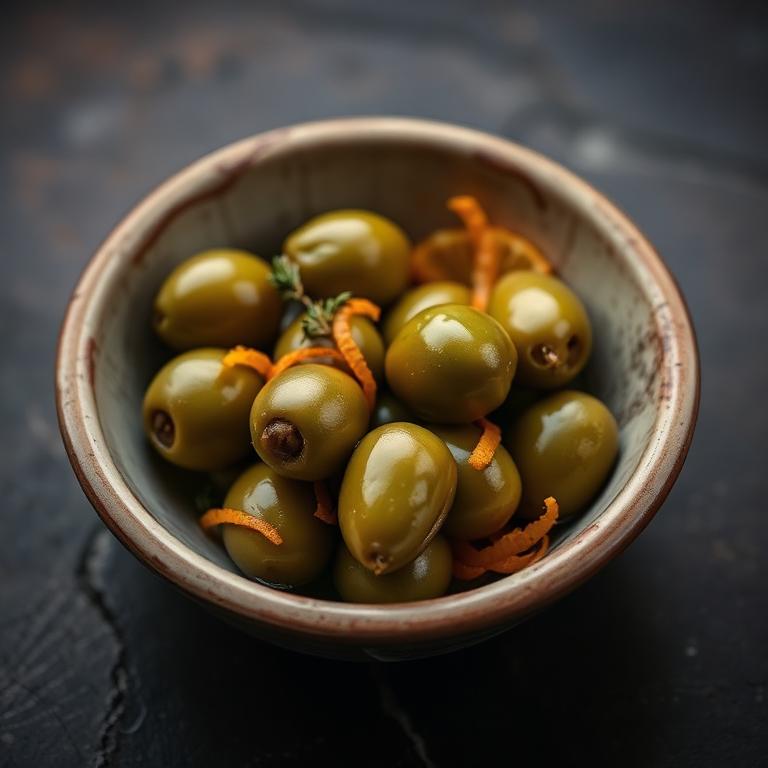 Aceitunas aliñadas con hierbas frescas sobre piedra