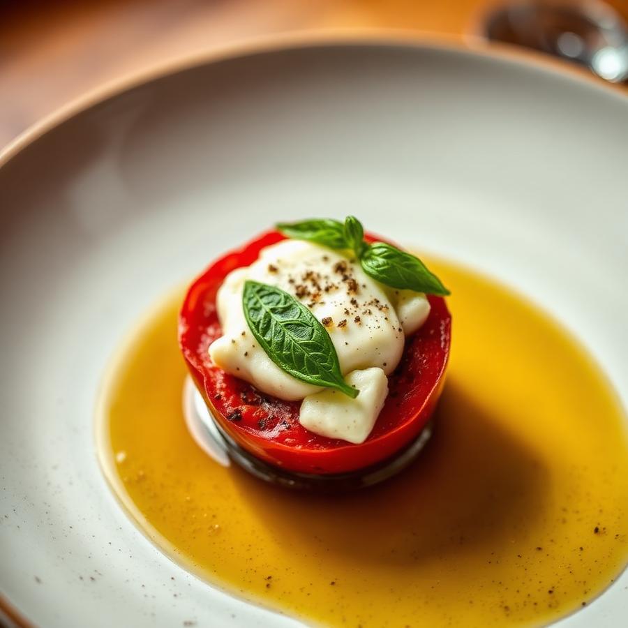 Tomate asado con stracciatella y albahaca en plato de cerámica