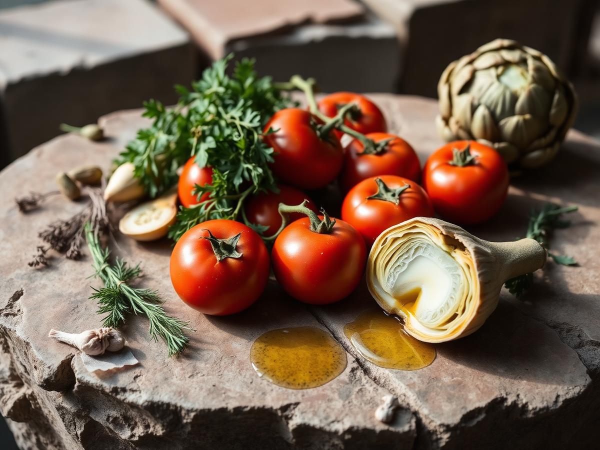 Tomates, alcachofas y hierbas frescas sobre una losa de piedra